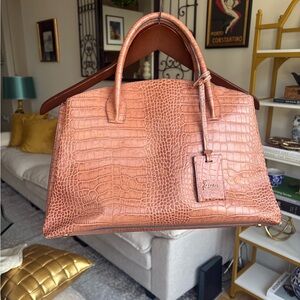 Croc-Embossed Top-Handle Satchel in Cognac Brown